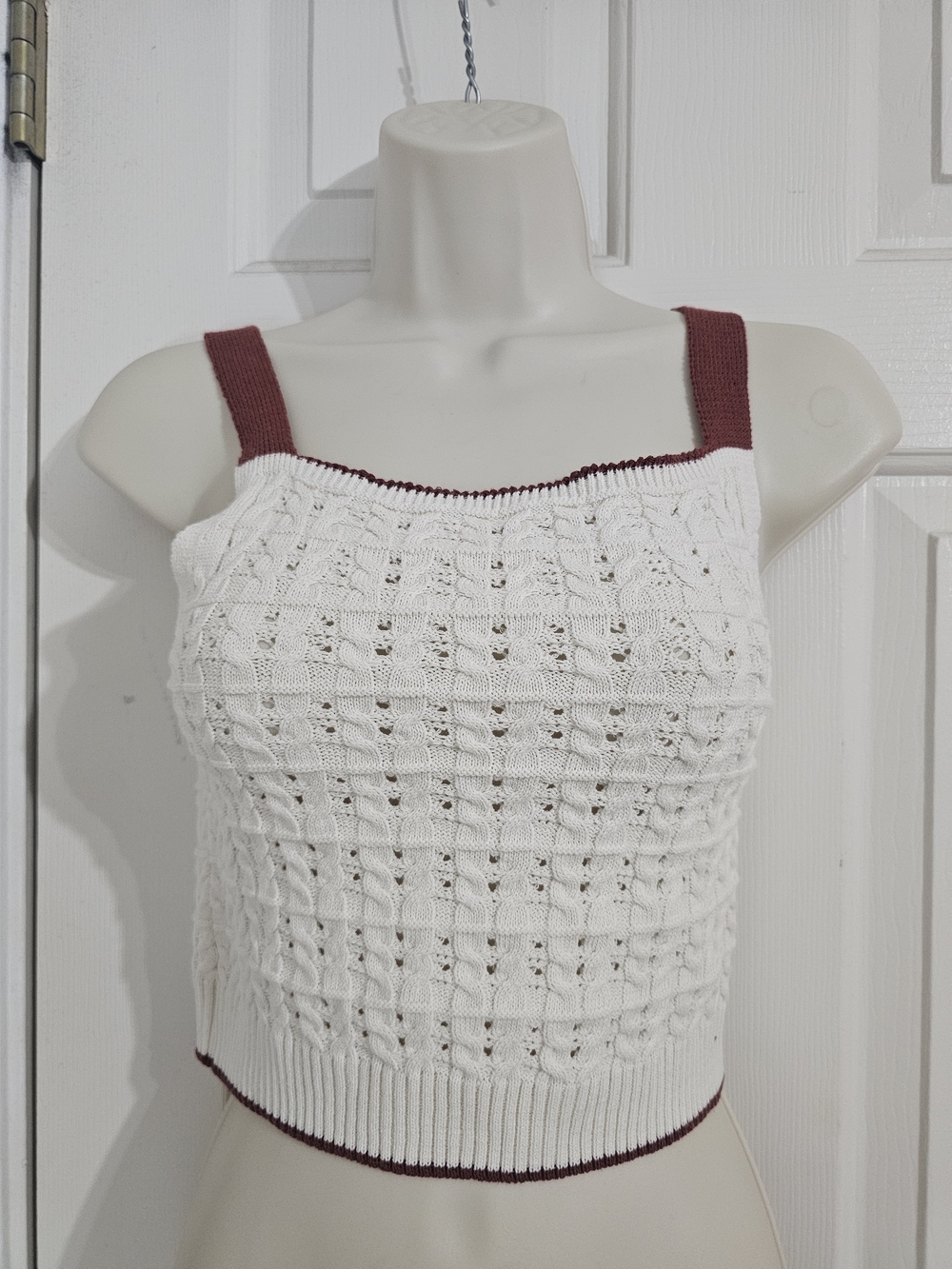 White Knit Cropped Tank with Rust Trim - Women's Tank Top